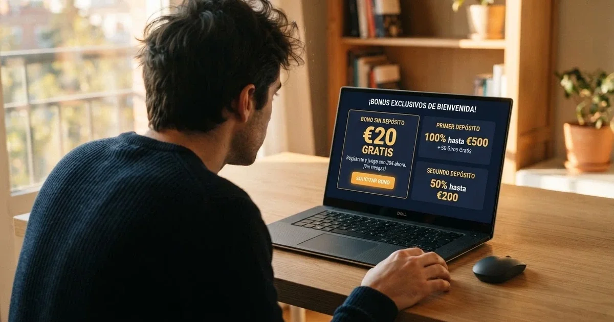 Un jugador consultando ofertas de bono sin depósito en la pantalla de un ordenador, con el logotipo de la DGOJ y el dominio .es visibles en una esquina de la interfaz