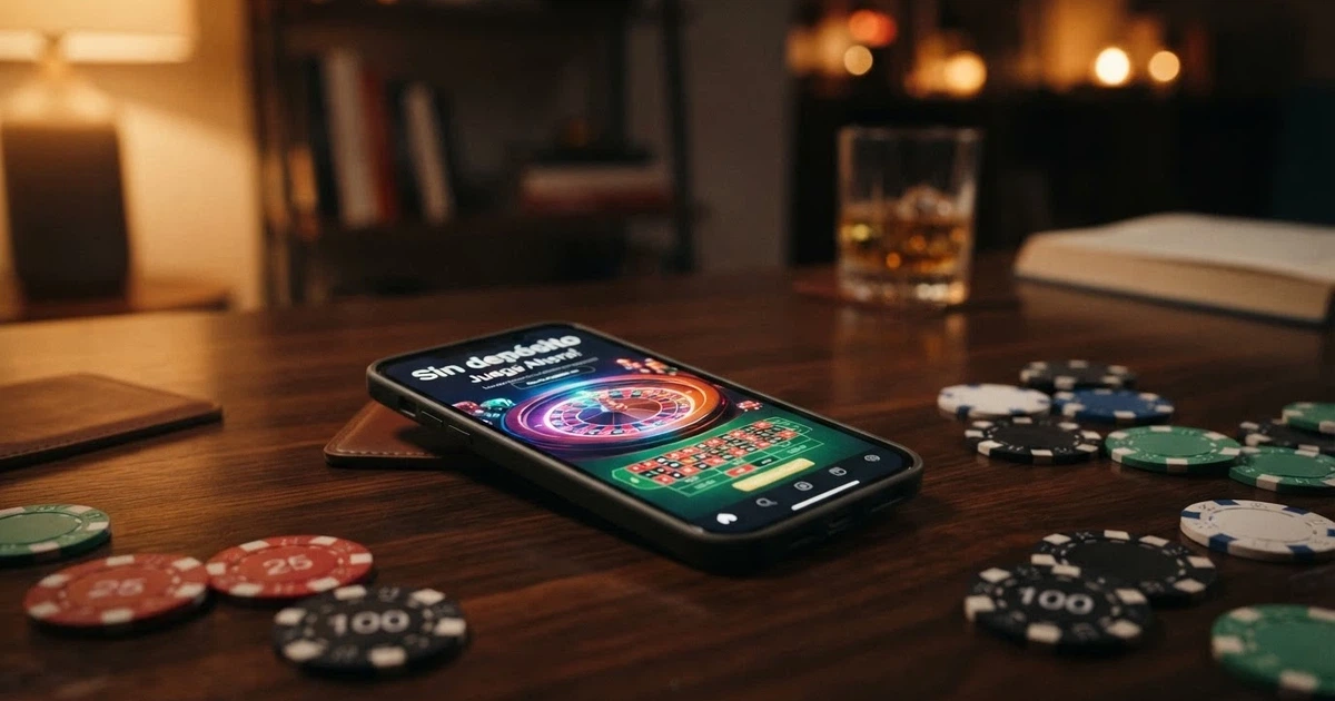 Pantalla de móvil mostrando una ruleta de giros gratis con fichas de casino y el texto «Sin depósito» en la interfaz de un casino online español.