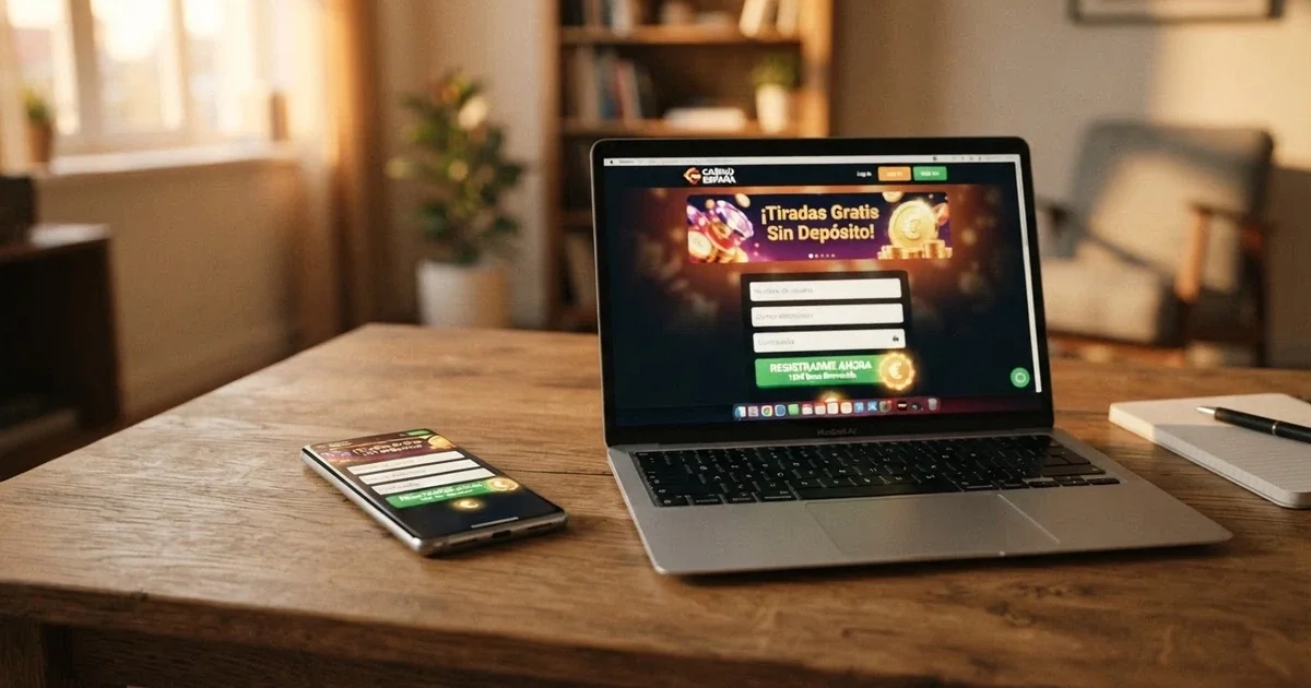 Un móvil y un ordenador portátil mostrando la pantalla de registro de un casino online español con el banner de tiradas gratis sin depósito destacado en primer plano