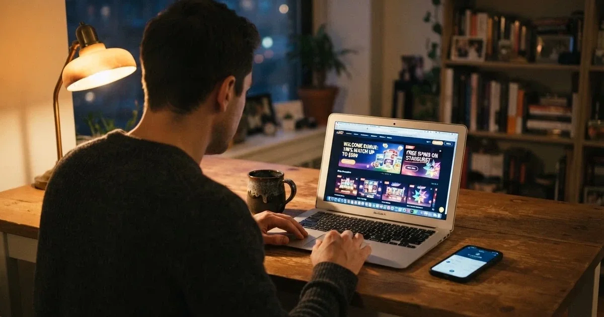 Jugador frente a una pantalla consultando promociones de casino con un móvil y una taza de café en una mesa