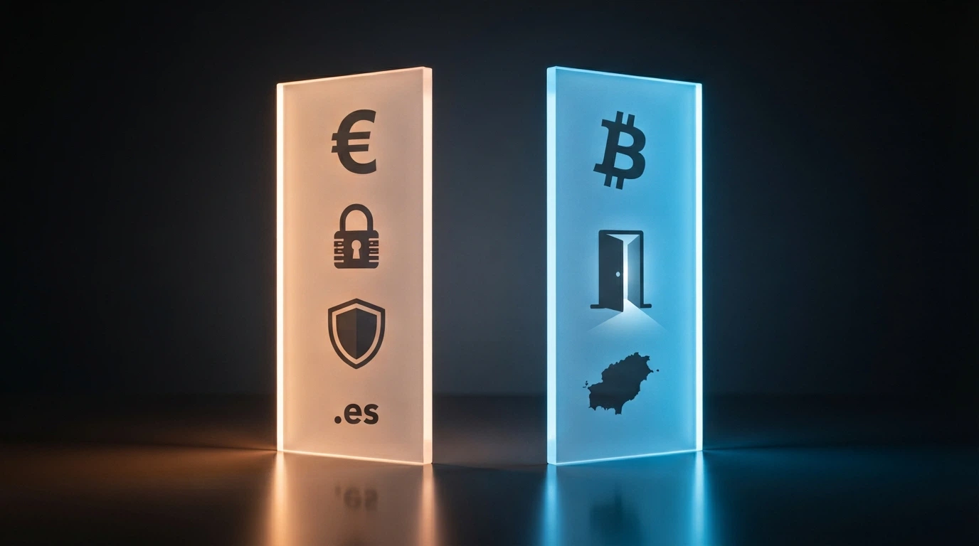 Dos columnas enfrentadas: una con los elementos del marco Anjouan (cripto, sin límites, offshore) y otra con los del marco DGOJ (euros, límites, .es)