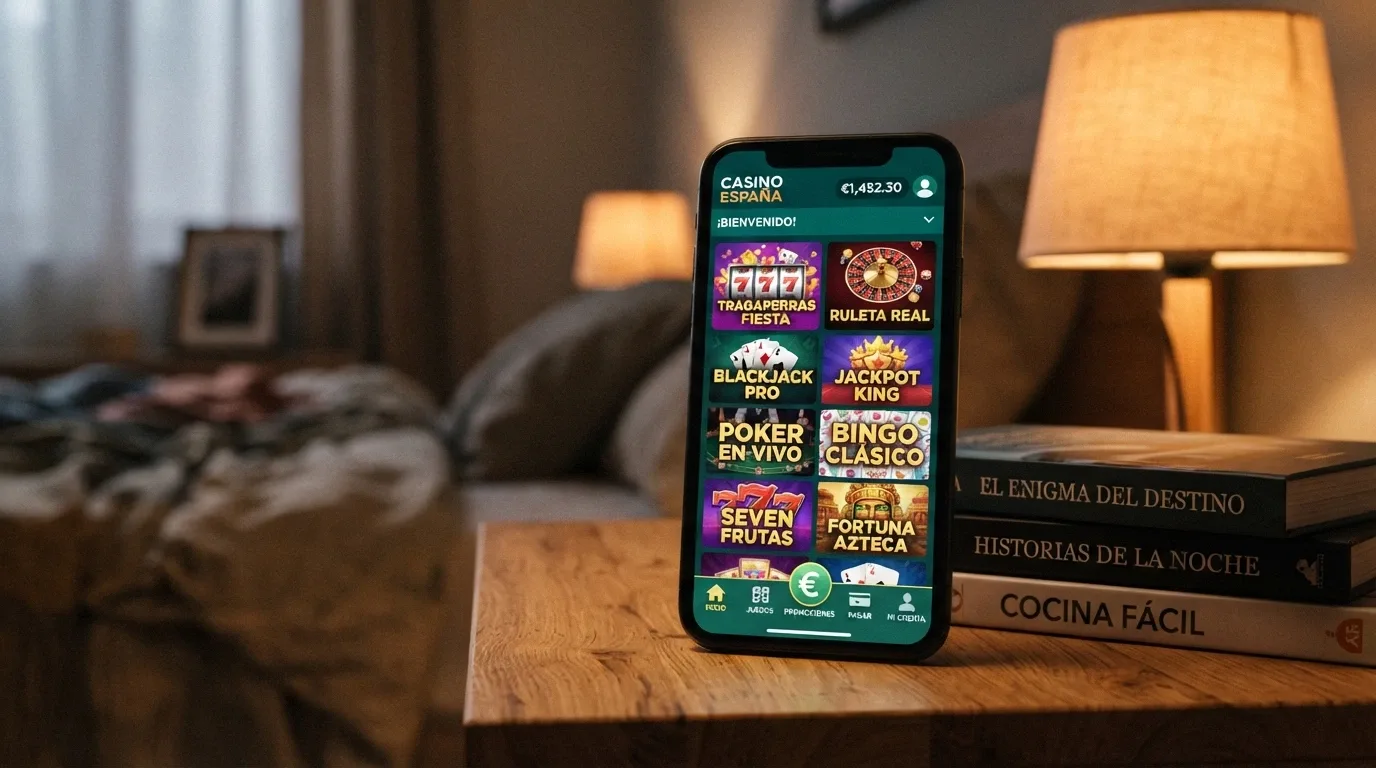 Un iPhone apoyado en vertical mostrando la pantalla de inicio de una app de casino online con el icono de Apple Pay visible en la parte inferior