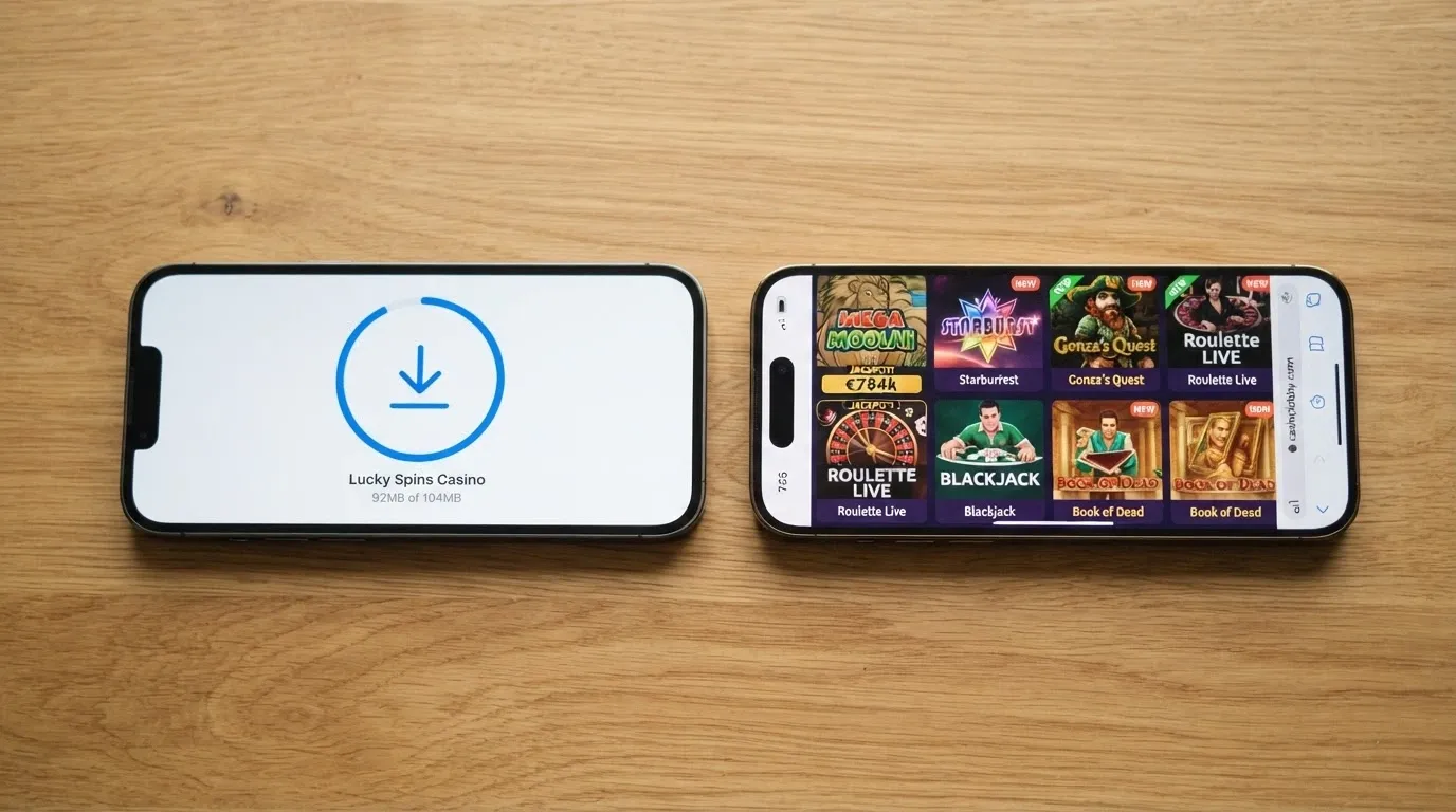 Dos pantallas de teléfono una al lado de la otra: la izquierda muestra el icono de descarga de una app de casino, la derecha muestra el mismo casino abierto en el navegador del móvil.