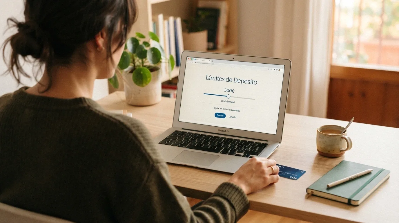 Una mano apartando una tarjeta de crédito de un teclado de ordenador, con la interfaz de configuración de límites de depósito visible en la pantalla y el logo del RGIAJ