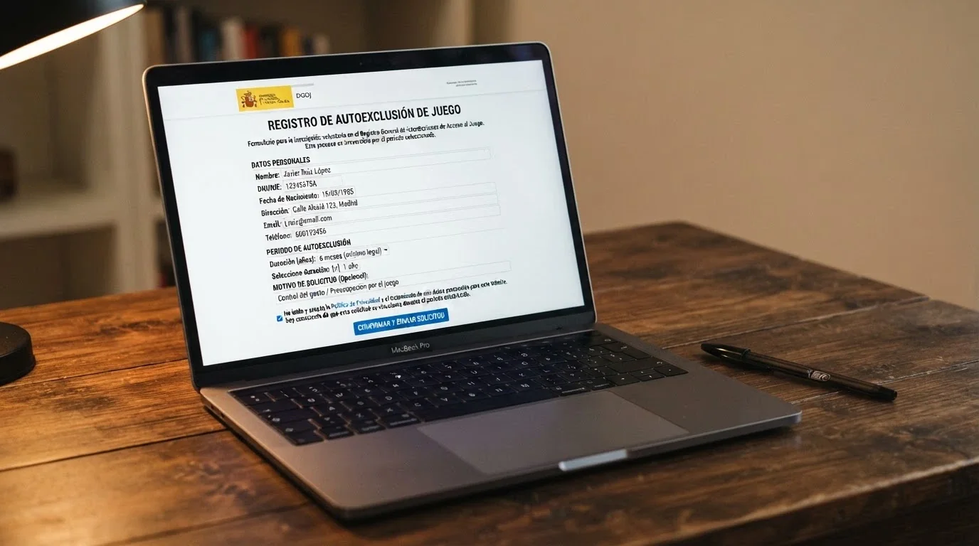 La pantalla de inscripción telemática del RGIAJ en la sede electrónica de la DGOJ con el formulario de autoexclusión