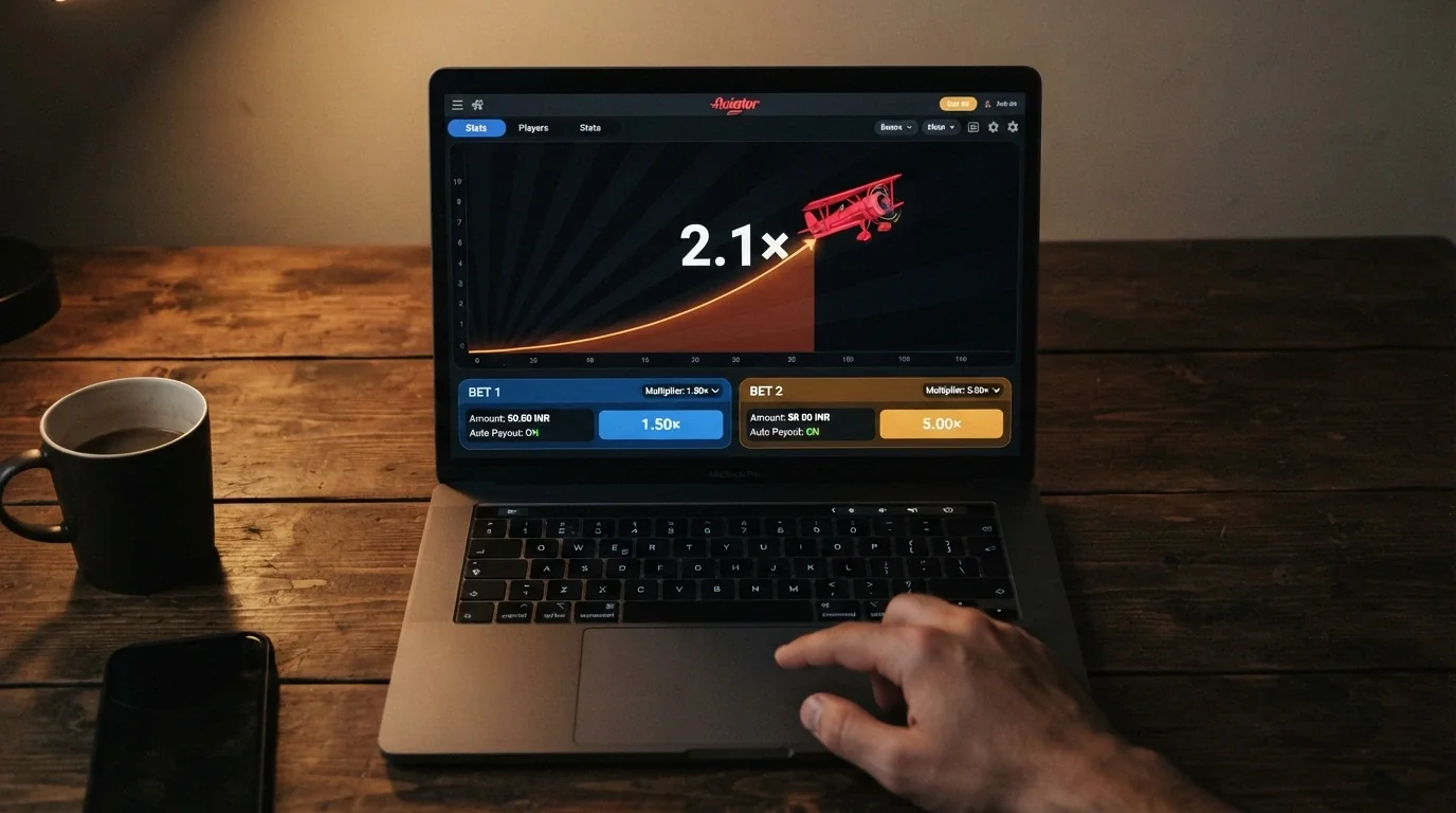 Configuración de auto cash out en Aviator con multiplicadores de 1,5× y 5× para apuestas dobles