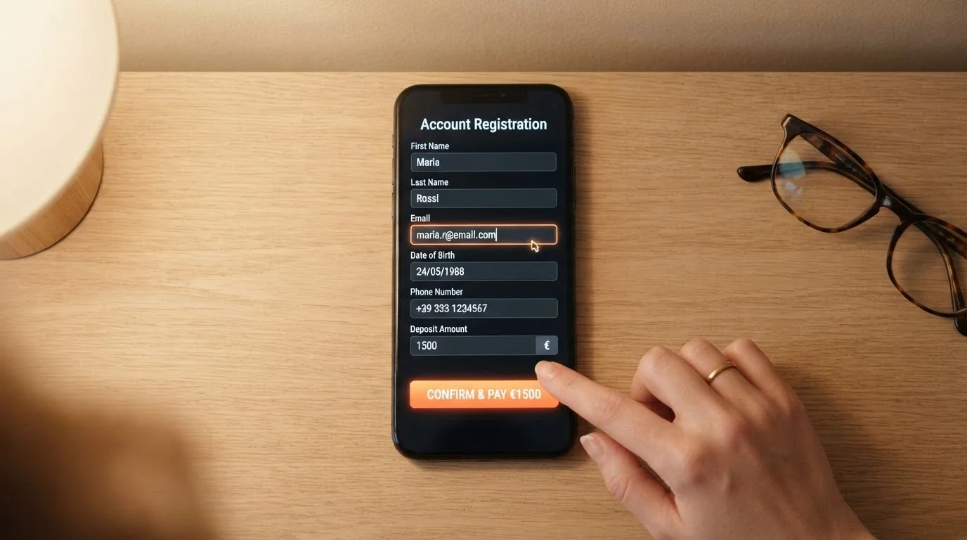 Pantalla de registro de un casino online español con el campo del primer depósito resaltado y el importe del bono aplicado automáticamente debajo