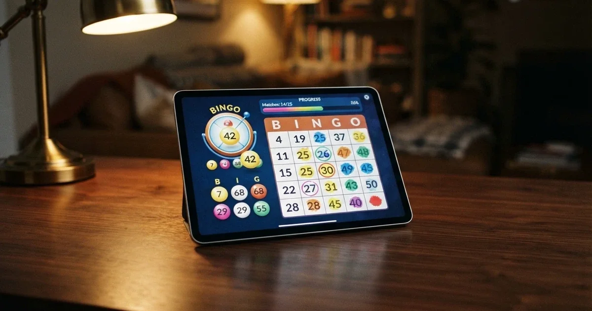 Sala de bingo online con varios cartones digitales activos en pantalla y un bombo virtual extrayendo bolas numeradas