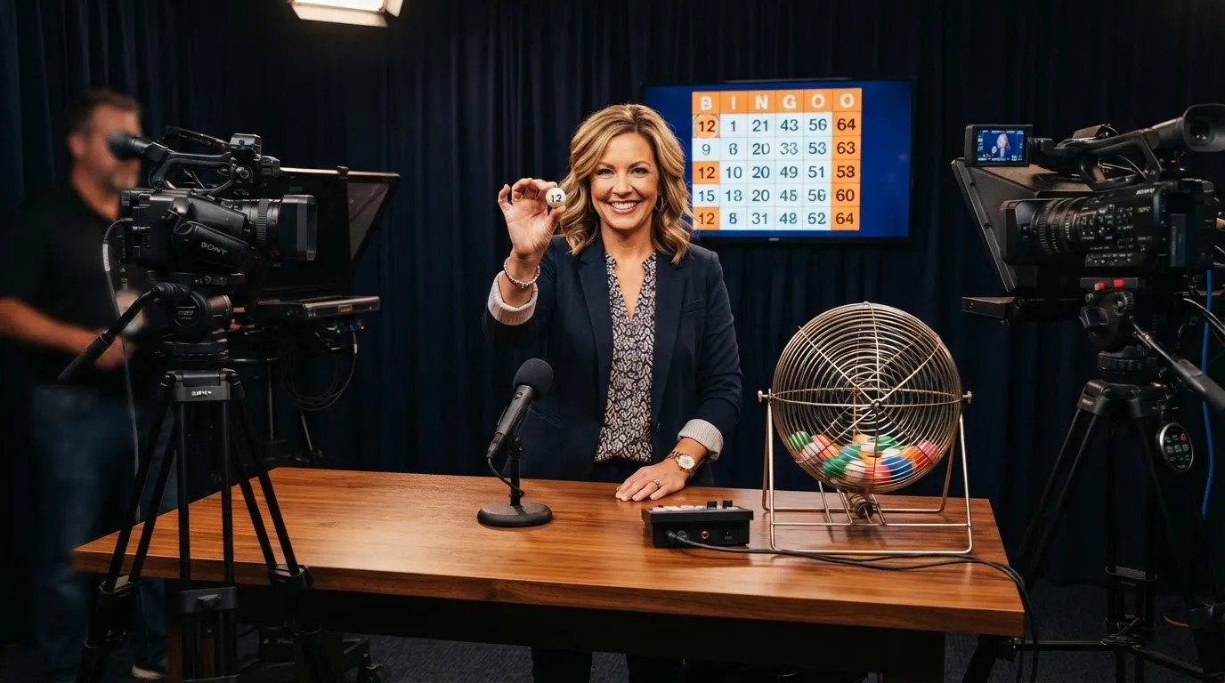 Presentador de bingo en vivo sosteniendo una bola frente a una cámara de streaming, con el bombo físico y los cartones digitales visibles en la pantalla del estudio