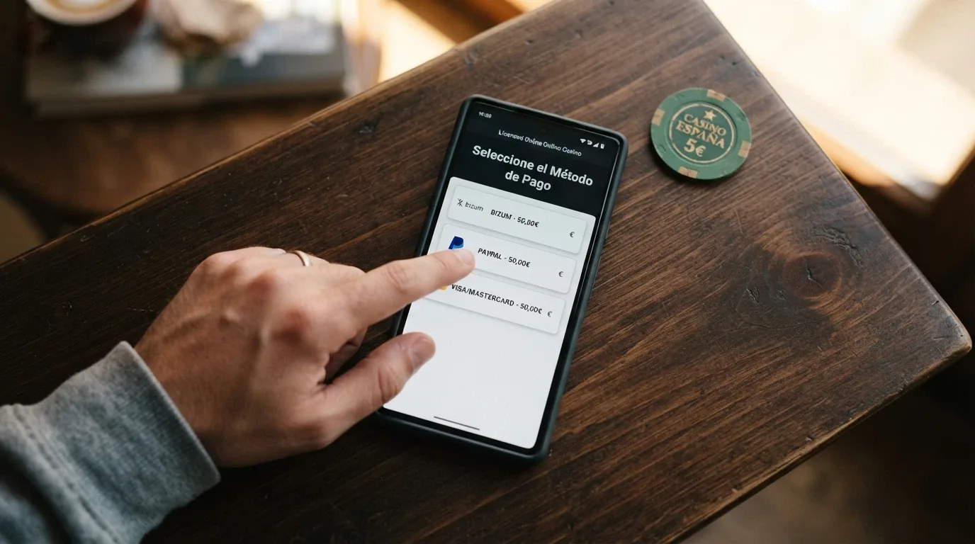 Teléfono móvil mostrando la pantalla de pago con Bizum junto a las opciones de Apple Pay y Google Pay en un casino online con licencia DGOJ