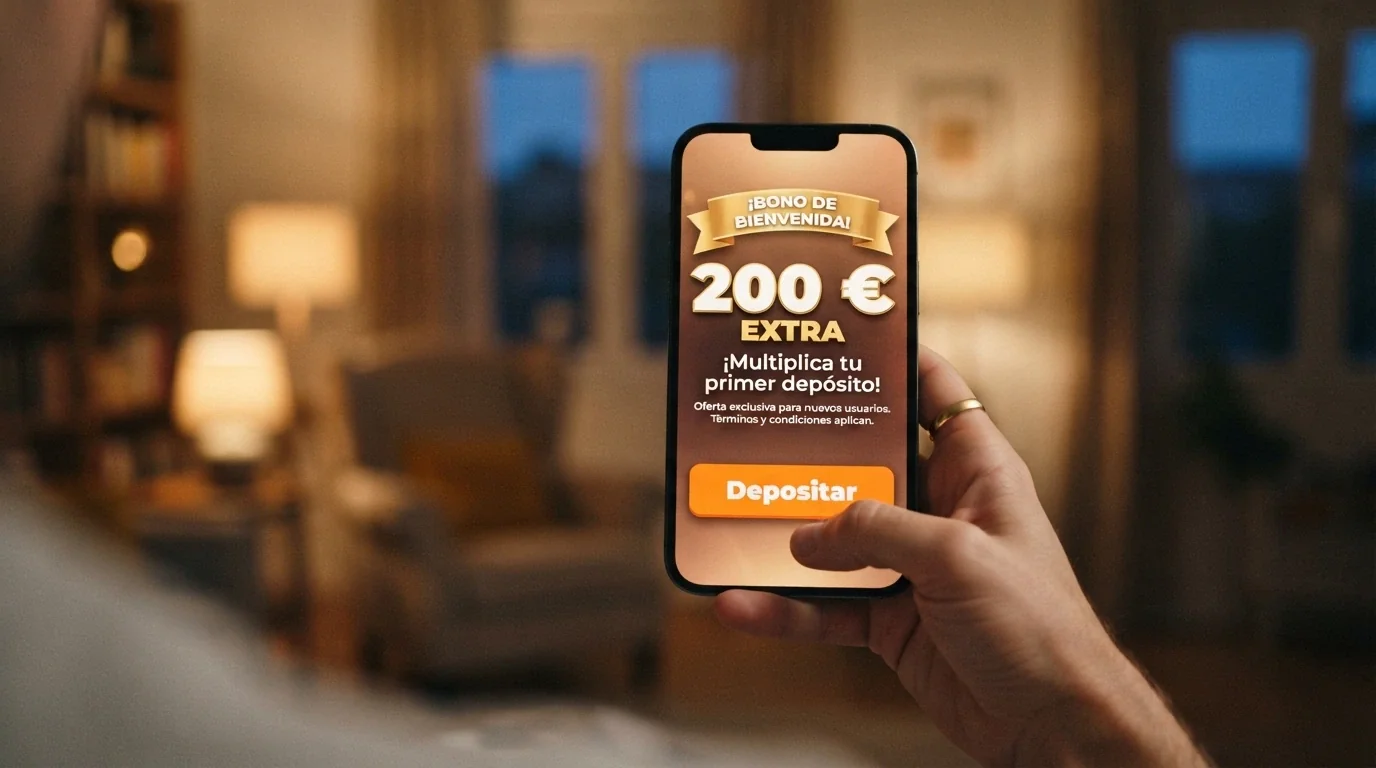 Pantalla de un móvil mostrando una oferta de bono de bienvenida junto al botón de depósito con Apple Pay en el cajero de un casino online