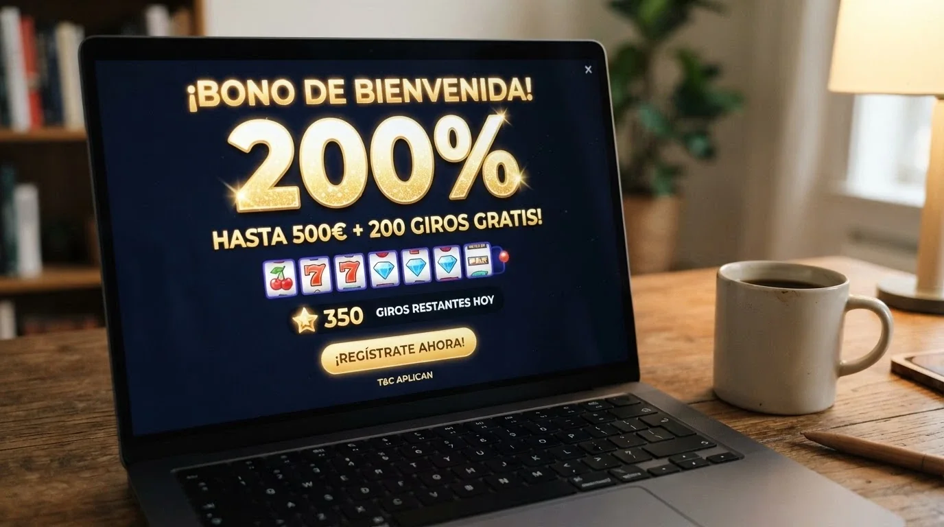 Detalle de un bono de bienvenida en un casino online con el porcentaje de bonificación y los giros gratis incluidos