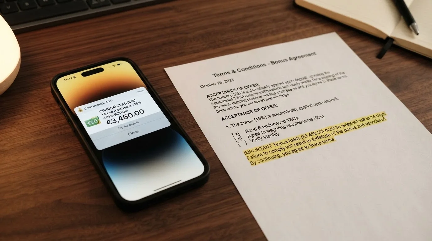 Una pantalla de móvil con una notificación de bono de bienvenida y, superpuesta en transparencia, un documento con condiciones de verificación y plazos.