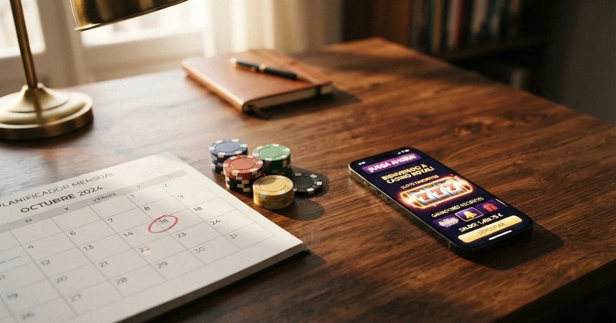Un calendario con una fecha de cumpleaños marcada en rojo junto a fichas de casino y una pantalla mostrando la interfaz de un casino online español