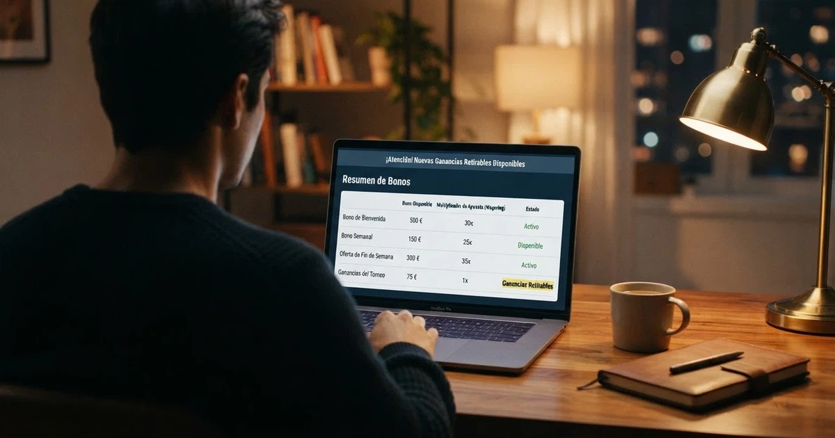 Jugador consultando una tabla comparativa de bonos de casino en una pantalla, con una notificación de «ganancias retirables» visible