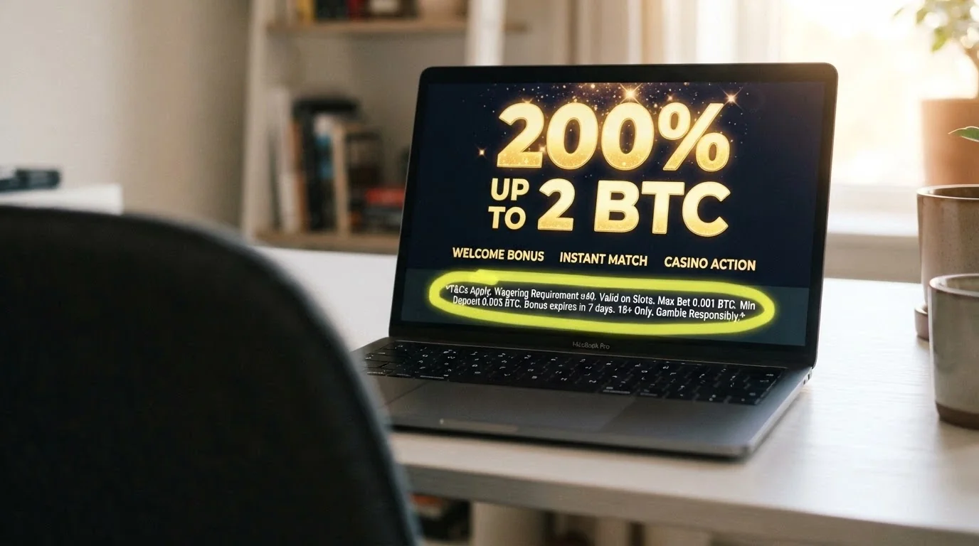 Primer plano de la pantalla de un casino crypto mostrando un banner de «200% hasta 2 BTC» con la letra pequeña del 40x de wagering sobre depósito más bono resaltada en amarillo
