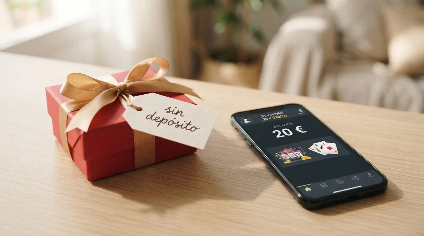 Un regalo envuelto con un lazo y la etiqueta «sin depósito» destacada, junto a la interfaz simplificada de un casino con un saldo de 20 € en pantalla