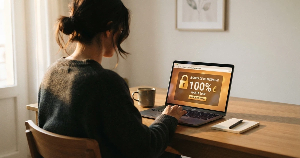 Un jugador consulta en una pantalla la oferta de bono de bienvenida de un casino online español con licencia, visible el candado de seguridad y el dominio .es