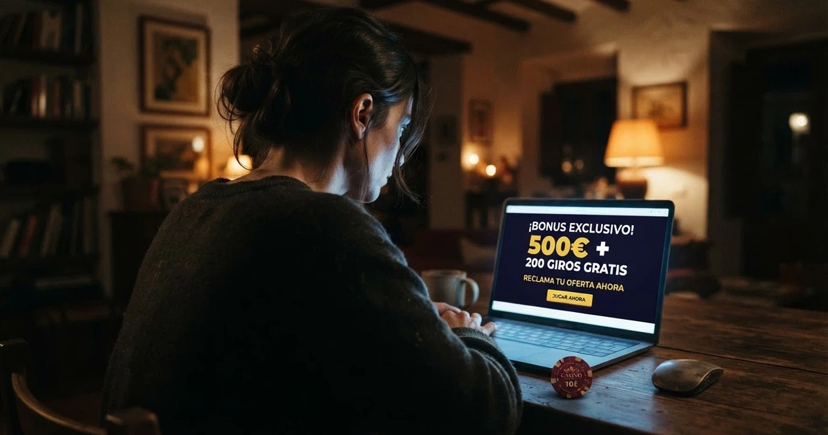 Un jugador frente a la pantalla de un casino online español observando una notificación de bono sin depósito con cara de escepticismo