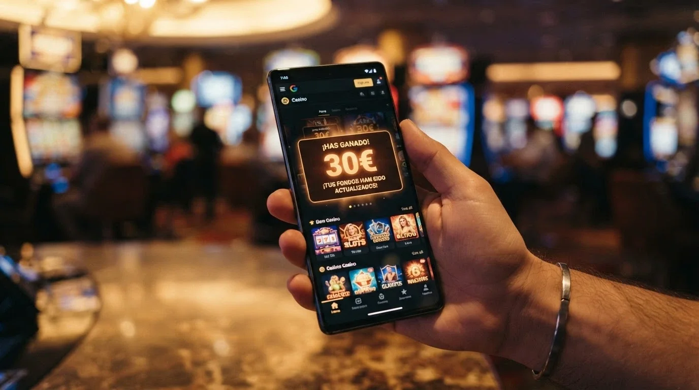 Usuario viendo una notificación de bono sin depósito de 30€ en la pantalla de un casino online