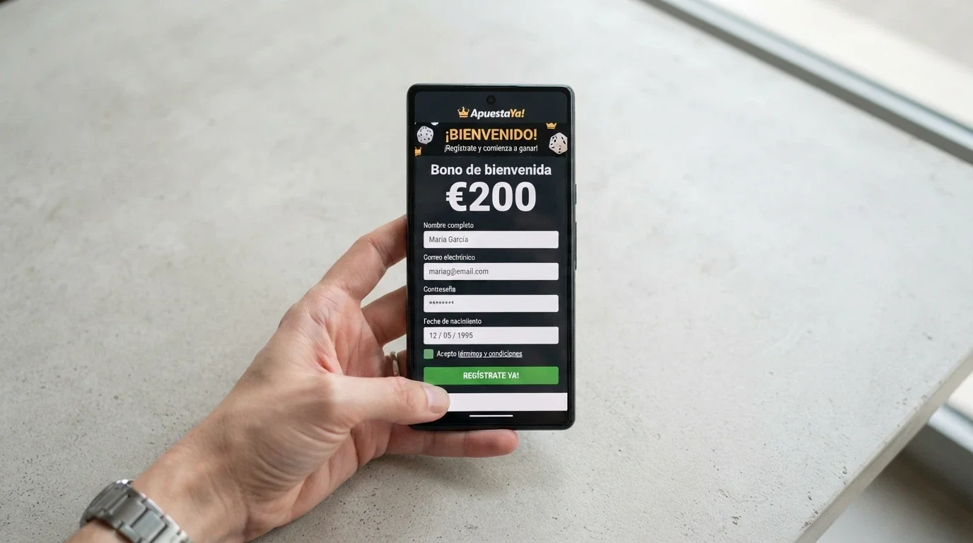 Mano sosteniendo un móvil con la pantalla de registro de un casino y el texto del bono de bienvenida