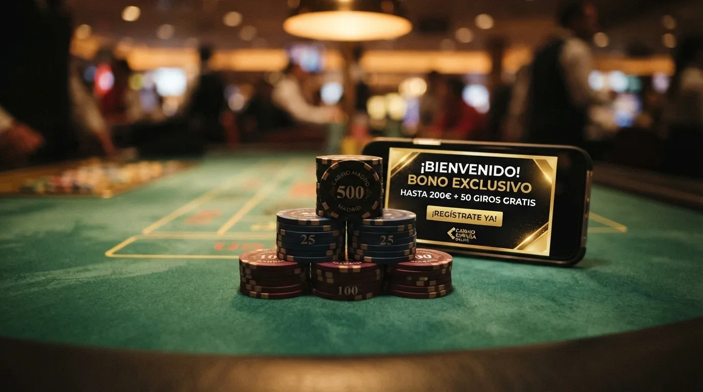 Un cartel de bienvenida digital con porcentajes de bono y fichas de criptocasino apiladas