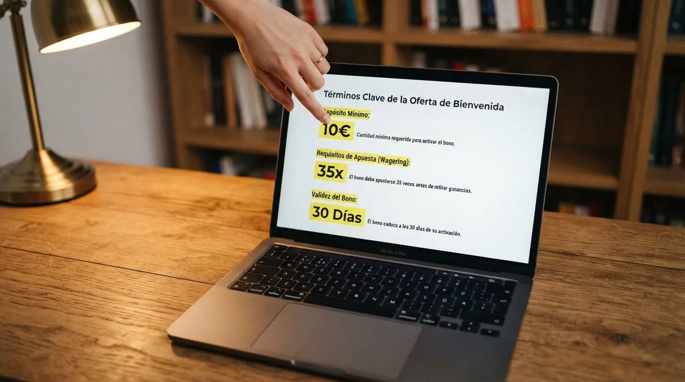 Un primer plano de una pantalla con los términos de un bono de bienvenida, destacando las cifras de depósito mínimo, rollover y validez
