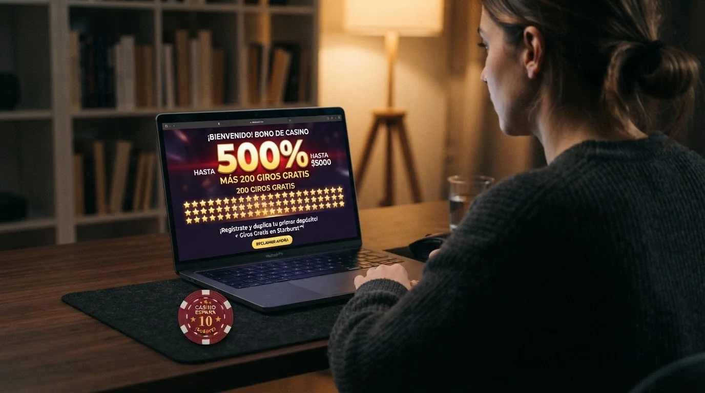 Pantalla de promoción de bono de bienvenida en un casino online, con el porcentaje de bonificación, los giros gratis y las condiciones de rollover visibles en pantalla