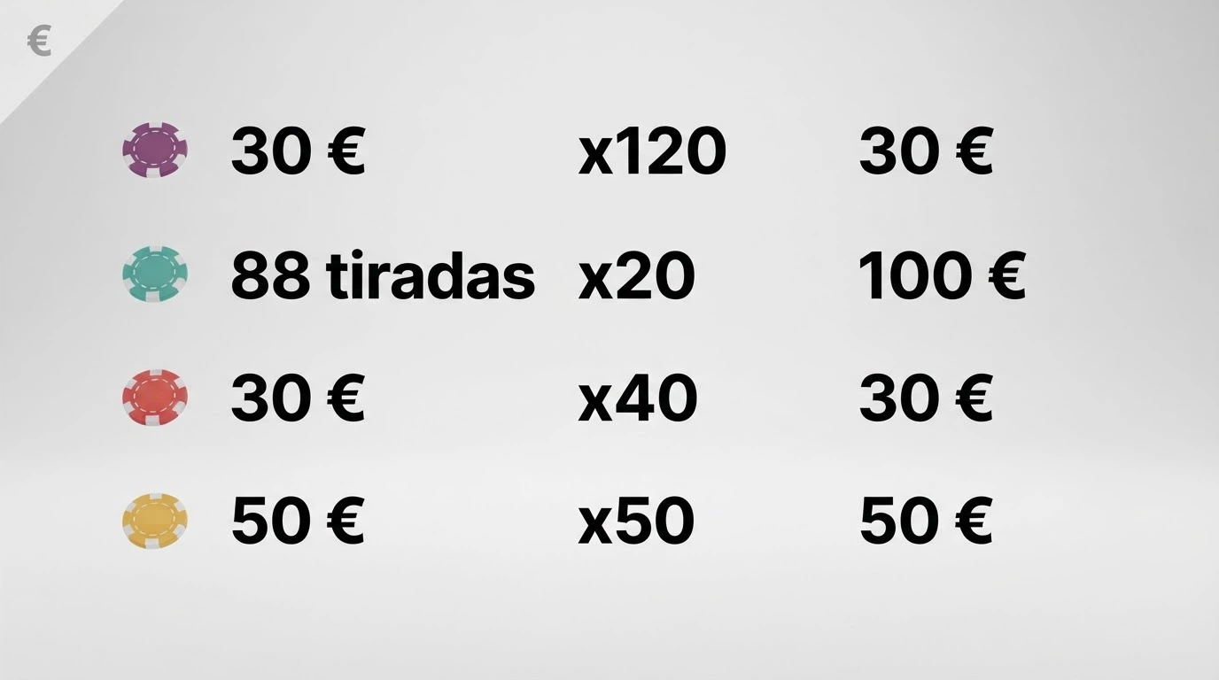 Un listado visual con los operadores españoles que ofrecen bono sin depósito y sus condiciones clave al lado: cantidad, rollover y ganancia máxima