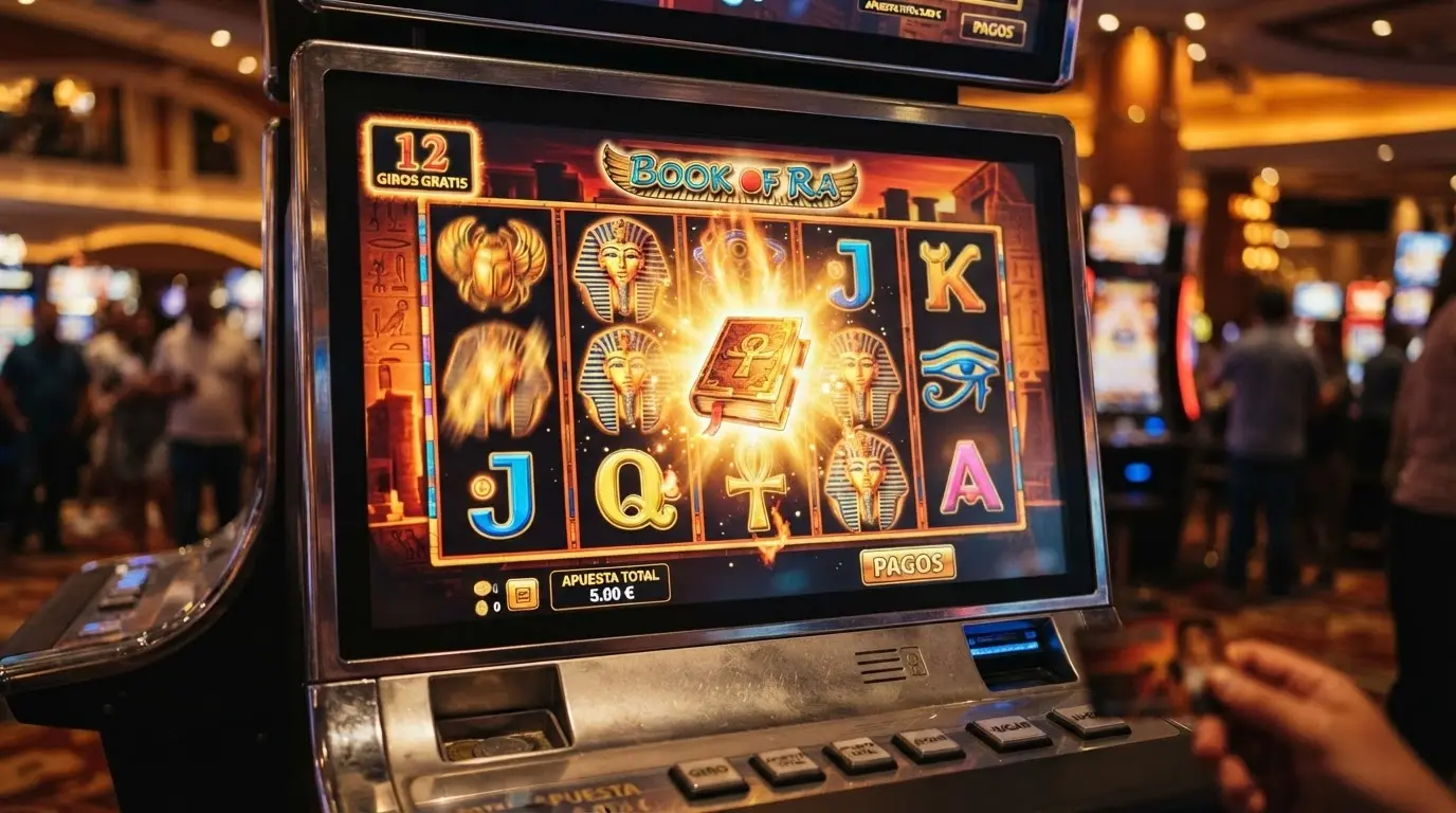 Interfaz del slot Book of Dead con sus cinco rodillos visibles, el símbolo del libro dorado expandiéndose y el contador de giros gratis activo en pantalla.