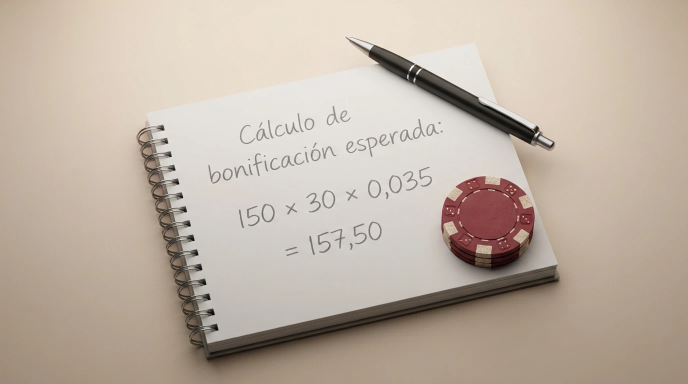 Una calculadora o esquema visual con la fórmula de coste esperado: bono × wagering × (1 − RTP)