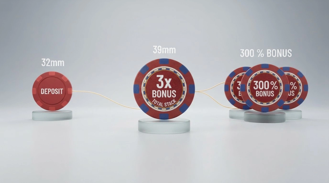 Representación visual de un depósito de 50 € que genera 150 € adicionales en saldo de bono