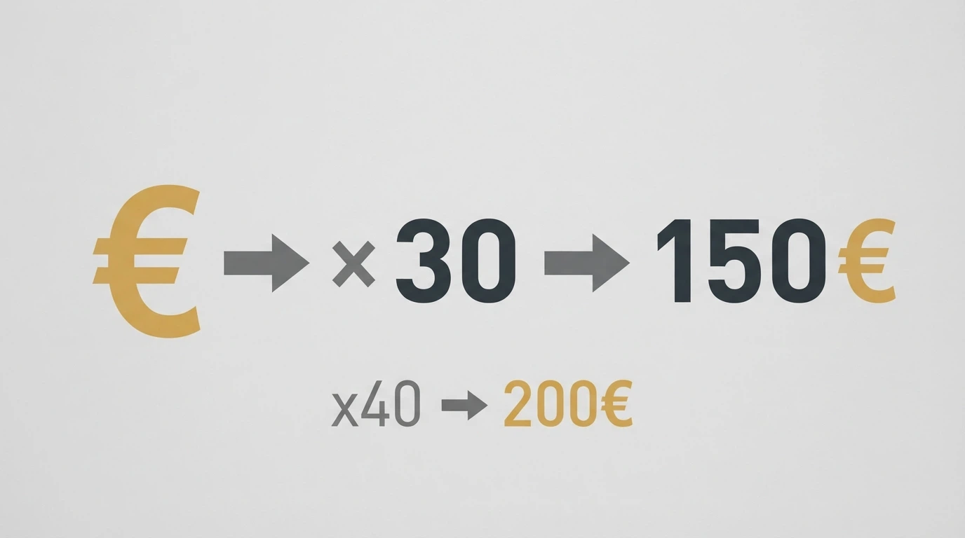Infografía que desglosa un ejemplo de cálculo de rollover: 5€ de bono × multiplicador x30 = 150€ en apuestas requeridas antes de retirar