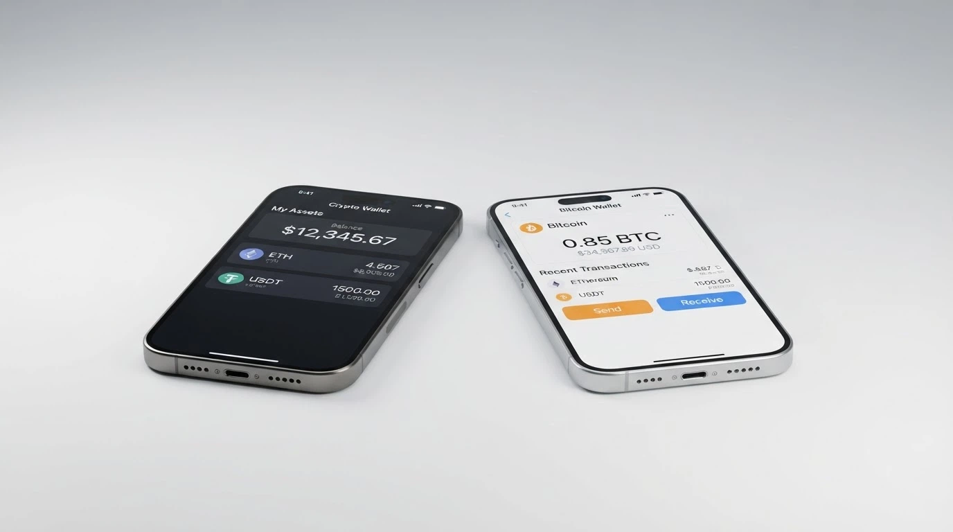 Dos pantallas de móvil: una mostrando MetaMask con saldo en ETH y USDT, otra mostrando Trust Wallet con BTC y la opción de enviar a una dirección de depósito