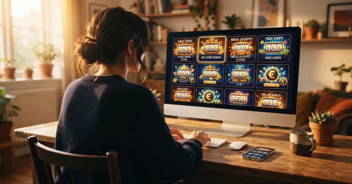 Jugador consultando ofertas de tiradas gratis en la pantalla de un ordenador, con un móvil al lado mostrando la misma página de casino