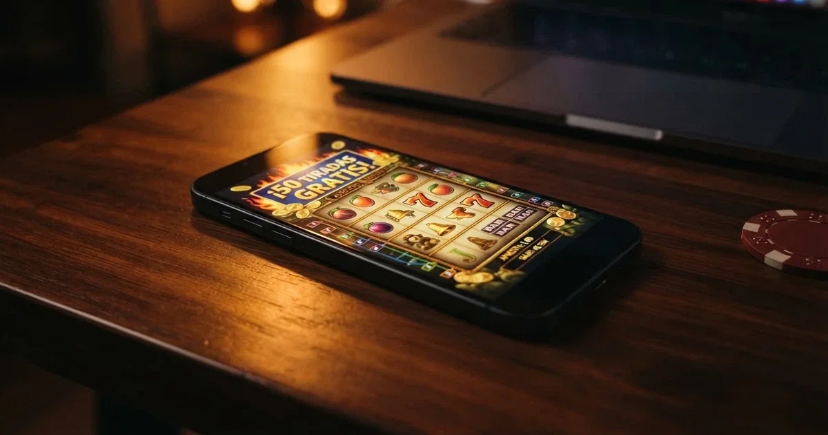 Interfaz de un casino online español con una promoción destacada de tiradas gratis sin depósito junto a una tragaperras