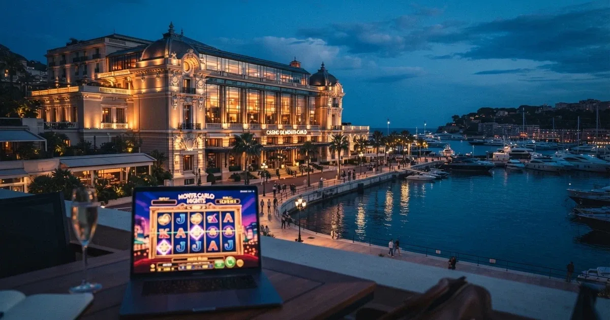 Fachada nocturna del Casino de Barcelona en el Port Olímpic, con la plataforma online visible en la pantalla de un ordenador en primer plano