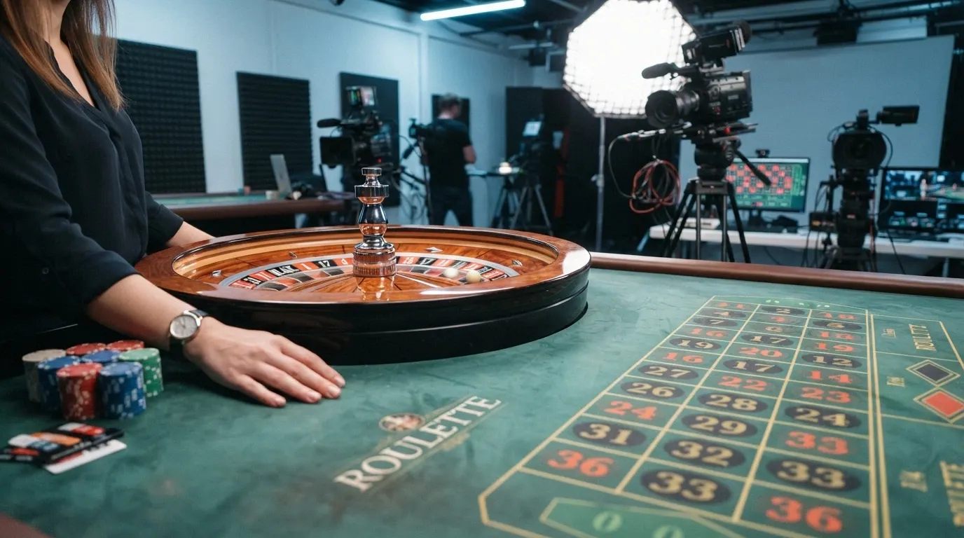 Una mesa de ruleta en vivo con un crupier real frente a la cámara y la interfaz de apuestas del jugador superpuesta en una pantalla de ordenador