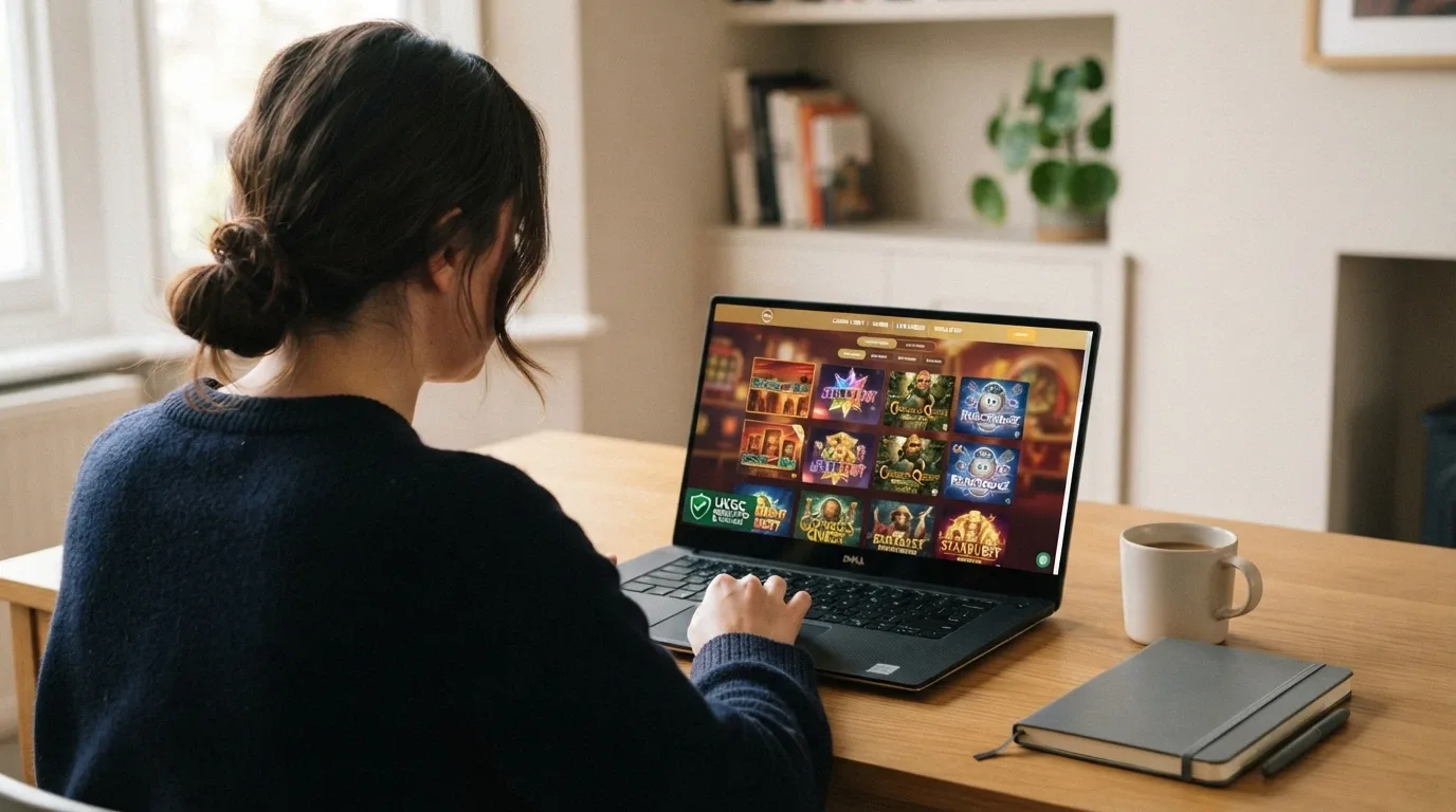 Jugador consultando una tabla comparativa de casinos Fire Blaze en una pantalla, con el logo de la DGOJ visible en segundo plano