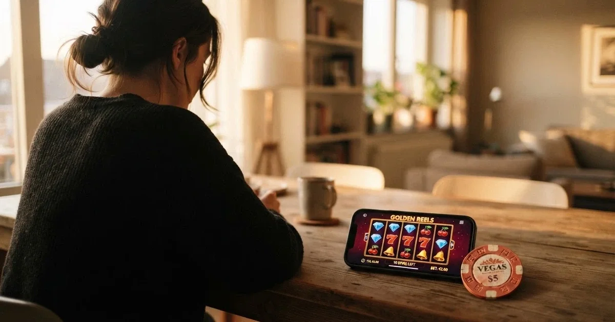 Un jugador consultando una tabla de casinos online en el móvil, con un billete de 5 euros junto al teléfono
