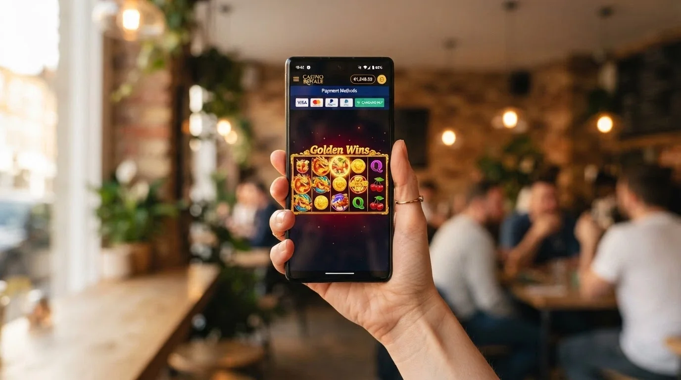 Mano sosteniendo un teléfono móvil con la interfaz de un casino online abierta, mostrando juegos de slots y el icono de Cardano como método de pago disponible