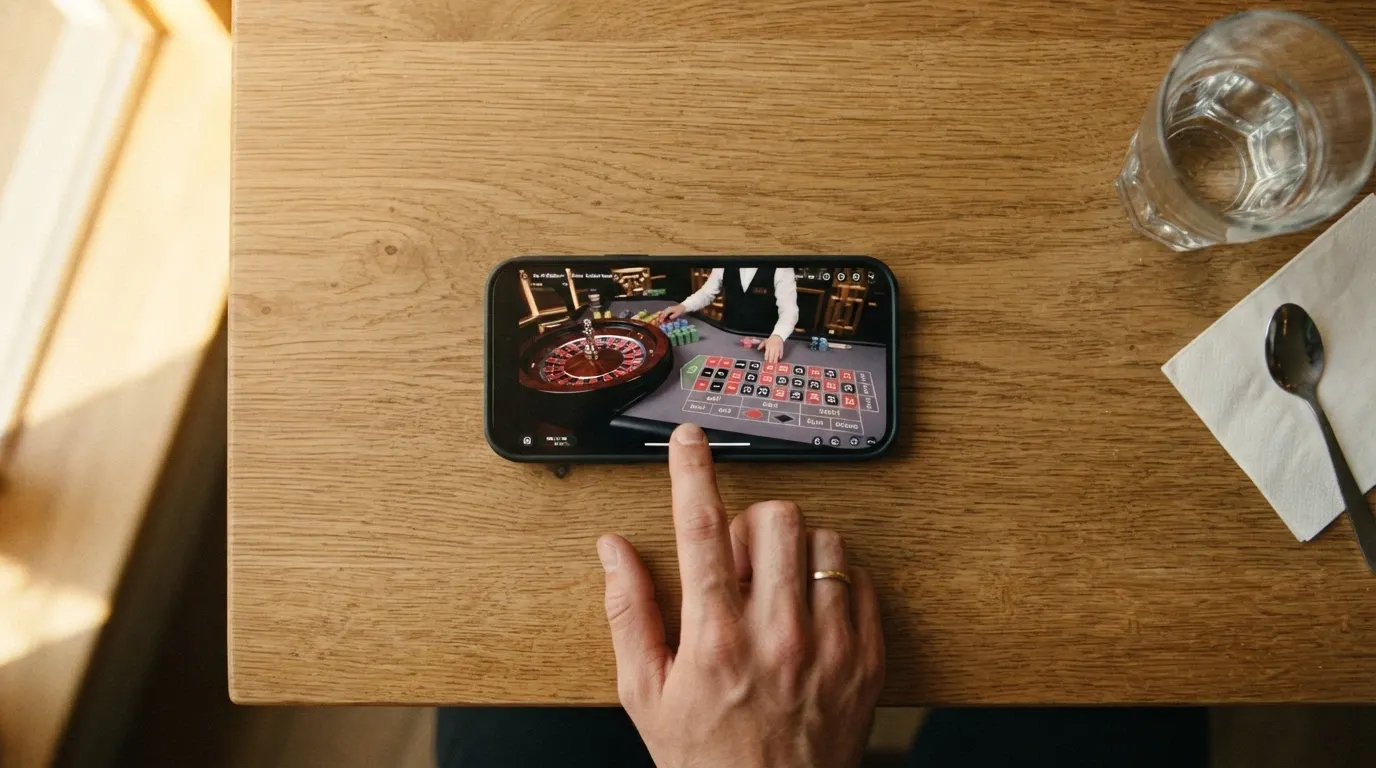 Mano sosteniendo un teléfono móvil con una mesa de ruleta en vivo de Evolution Gaming en pantalla