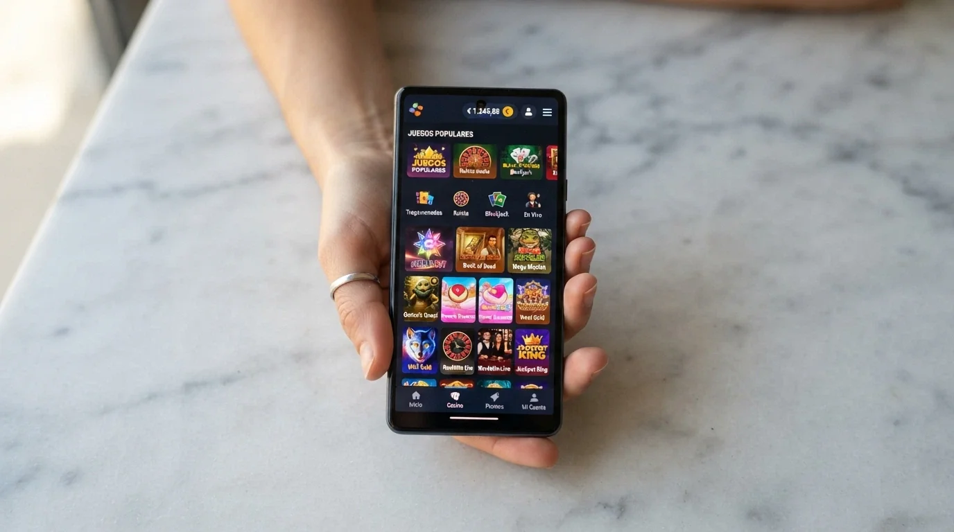 Mano sosteniendo un teléfono móvil con la interfaz responsive de un casino online que acepta Litecoin en el navegador