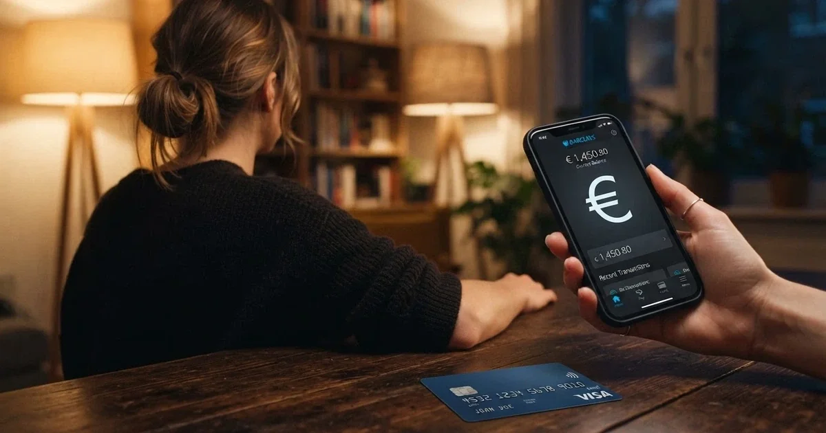 Una persona sosteniendo un teléfono móvil con la pantalla mostrando la aplicación de CaixaBank Pay junto a una tarjeta VISA de CaixaBank sobre una mesa