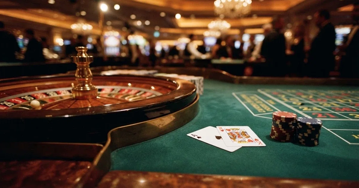 Interfaz de un casino online con fichas, una ruleta y cartas sobre una mesa de juego, sin logotipos identificables