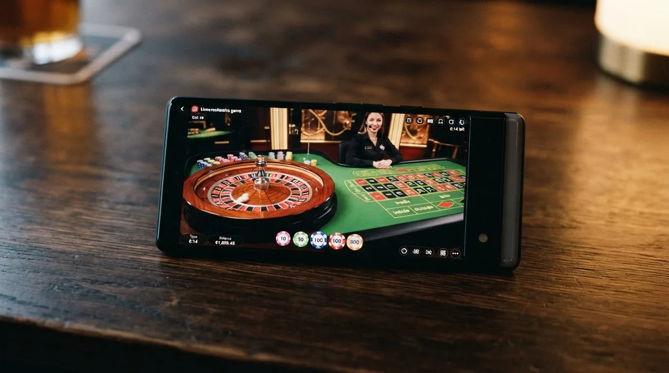 Un teléfono apoyado en horizontal mostrando una mesa de ruleta en vivo con un crupier real, las fichas digitales visibles en la parte inferior de la pantalla.