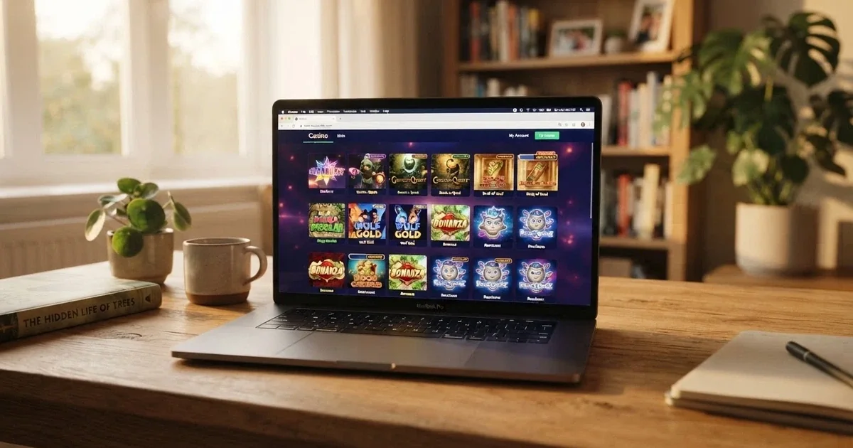 Interfaz de un casino online español abierto en el navegador, sin programa descargado, con varias tragaperras en miniatura visibles en el vestíbulo