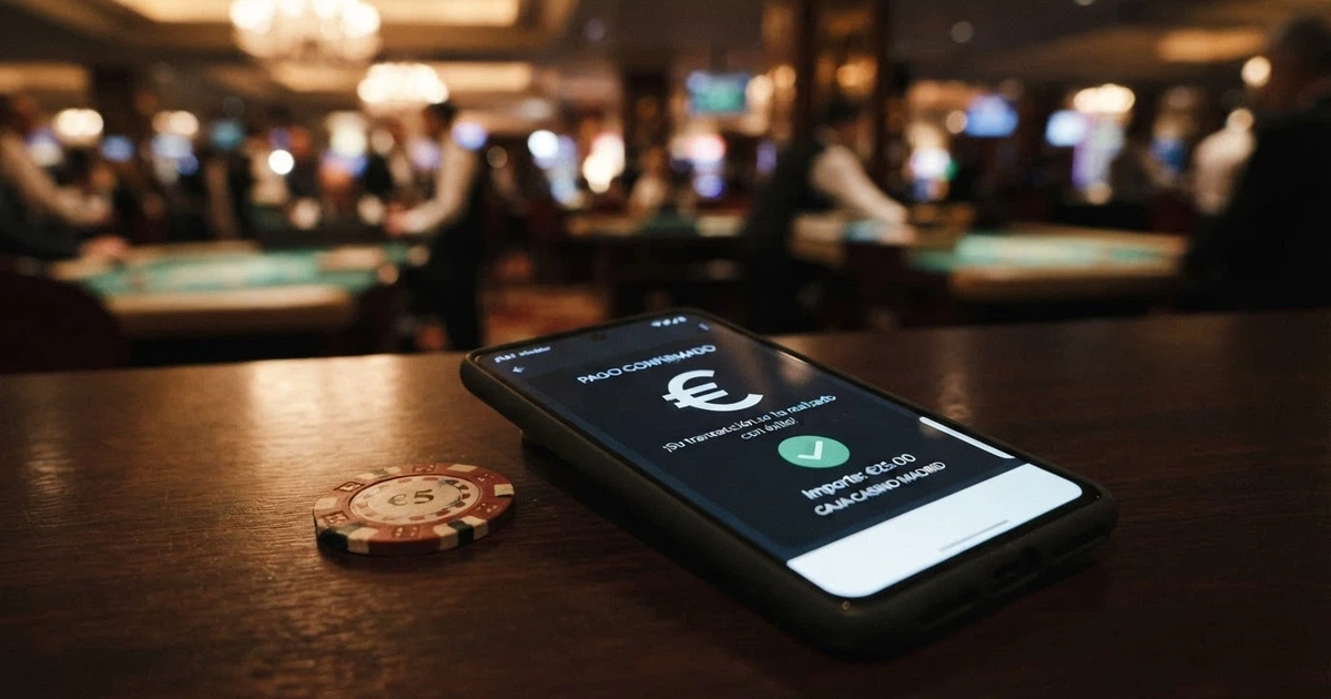Pantalla de un iPhone mostrando la interfaz de pago con Apple Pay junto al logotipo de un casino online español