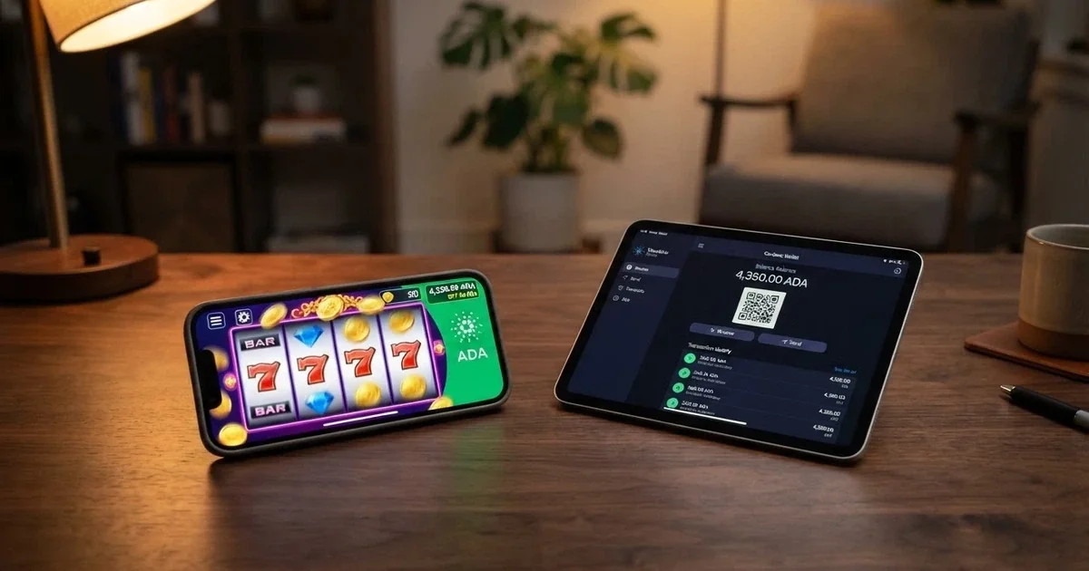 Cartera digital mostrando el logo de Cardano (ADA) junto a una interfaz de casino online en una pantalla de ordenador