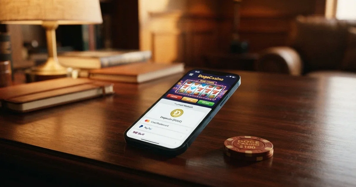 Interfaz de un casino online que muestra Dogecoin como método de pago junto a una cuadrícula de slots y mesas de juego